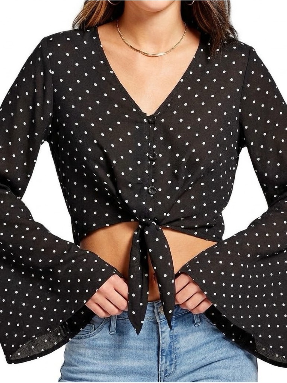 Polka Dot Crop Top Long Sleeve Blouse